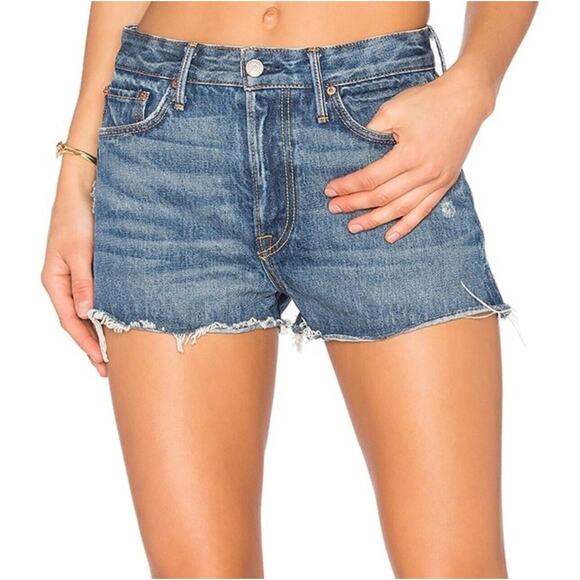 GRLFRND Cindy Button Fly High Rise Medium Blue Wash CutOff Jean Short Raw Hem 32 - Picture 2 of 15